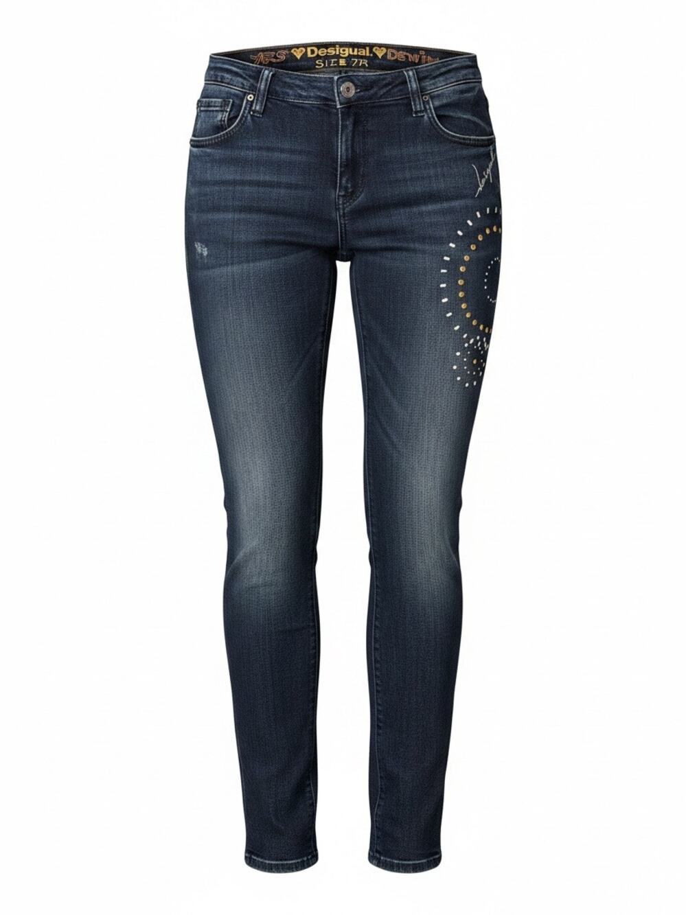 Desigual Women's Dark Wash Skinny Jeans Studded Embellished Stretch Denim Sz 28